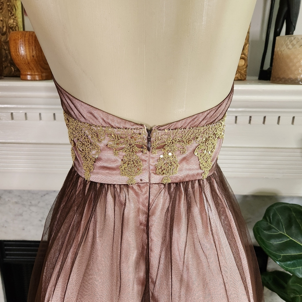 Adrianna Papell Boutique Mocha Brown Pink Gold Halter Dress Beaded Cocktail Sz 4 - Picture 12 of 14